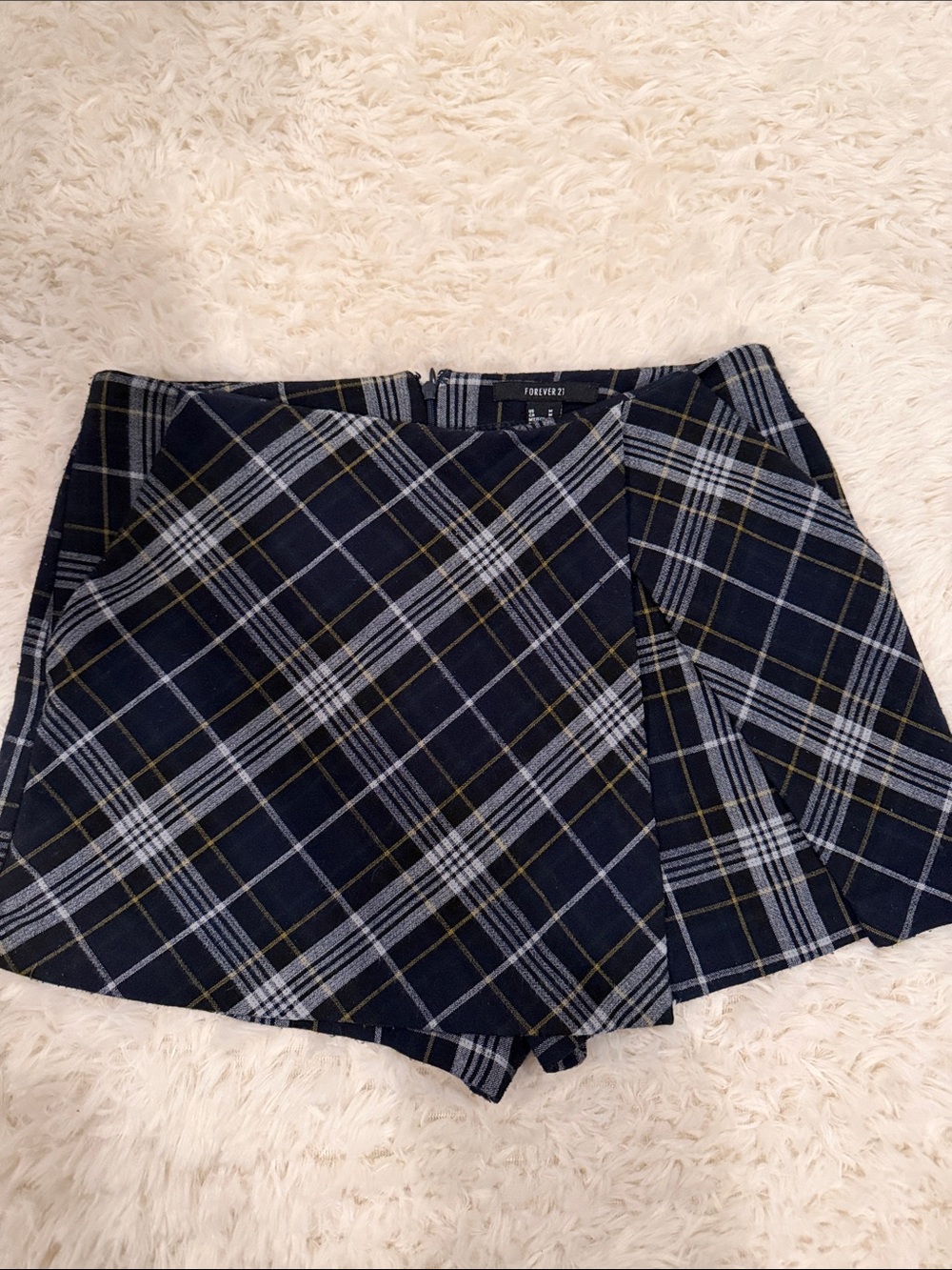 Forever 21 Navy Plaid Wrap-Style Skort with Subtle Gold Thread